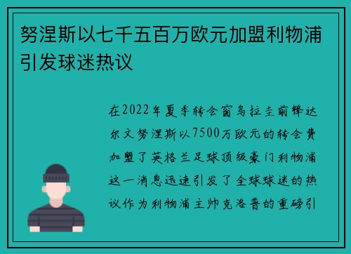 努涅斯以七千五百万欧元加盟利物浦引发球迷热议 努涅斯以七千五百万欧元加盟利物浦引发球迷热议