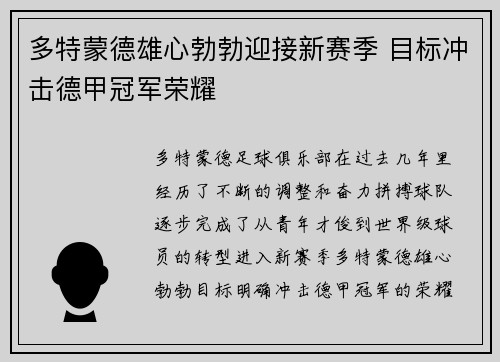 多特蒙德雄心勃勃迎接新赛季 目标冲击德甲冠军荣耀